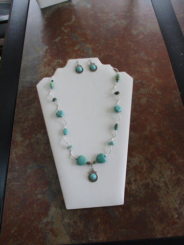 Turquoise Glass Beads Chips Silver Squiggle Spacers Pendant Necklace Earrings Set (NE329)